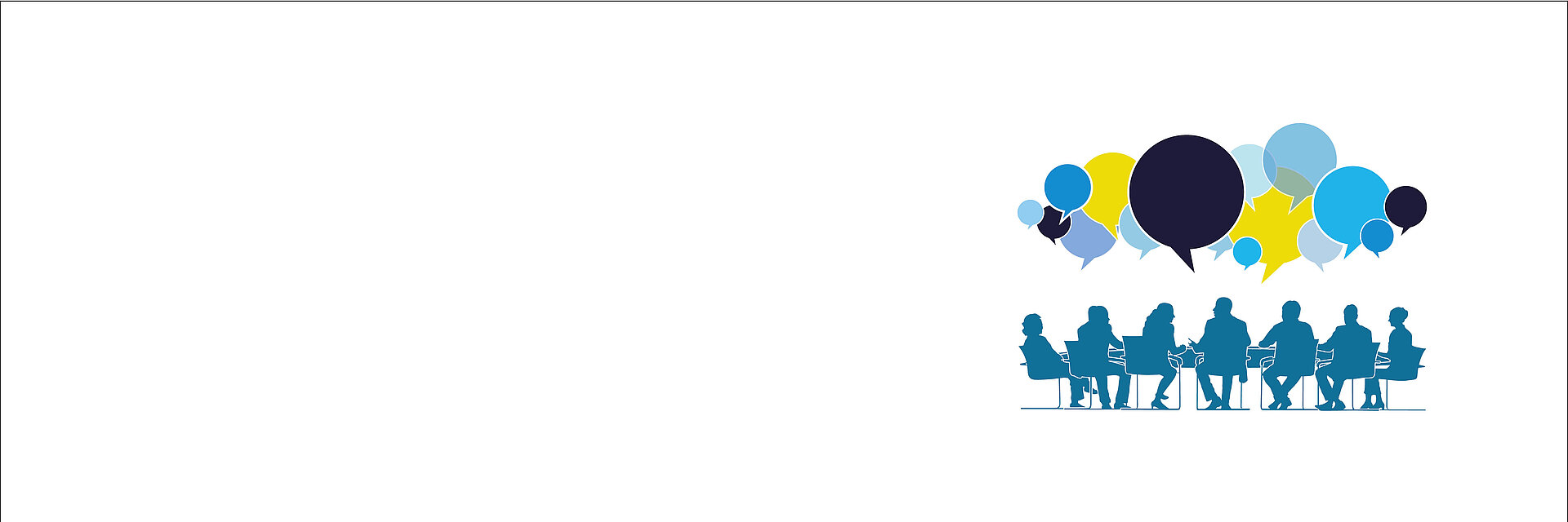 Das Bild zeigt eine Gruppe von Personen, die an einem Tisch sitzen und diskutieren, dargestellt als Silhouetten mit bunten Sprechblasen
